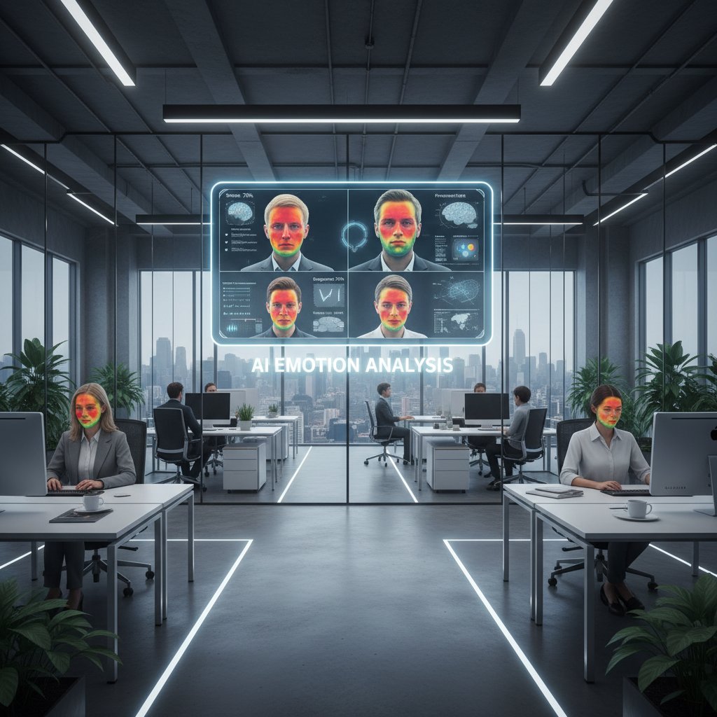 Nowoczesne biuro w Polsce z systemem AI analizującym ekspresję twarzy pracowników