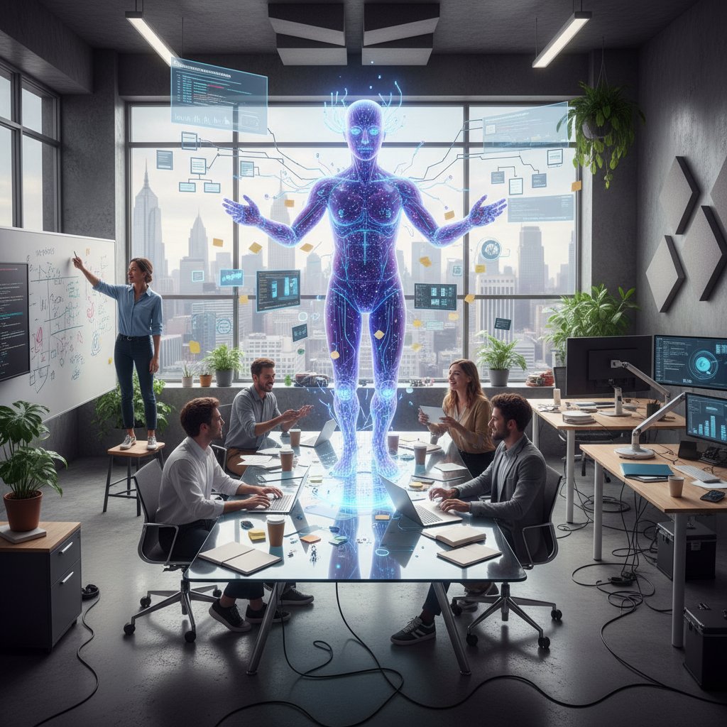 Modern office scene with a glowing AI hologram coworker and team lost in paper and emails