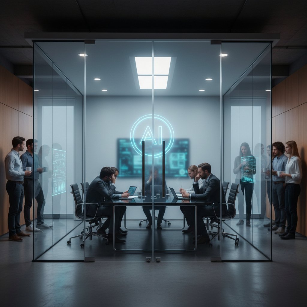 Nowoczesne biuro, pracownicy rozmawiający o wdrożeniu AI, napięta atmosfera, symboliczne zamknięte drzwi do sali narad