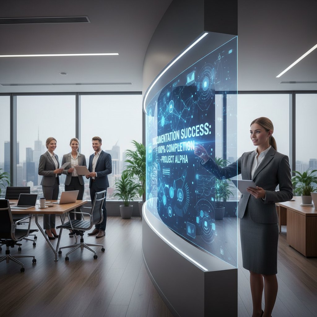 Modern office photo with an AI interface overlay and confident professional showing effective documentation