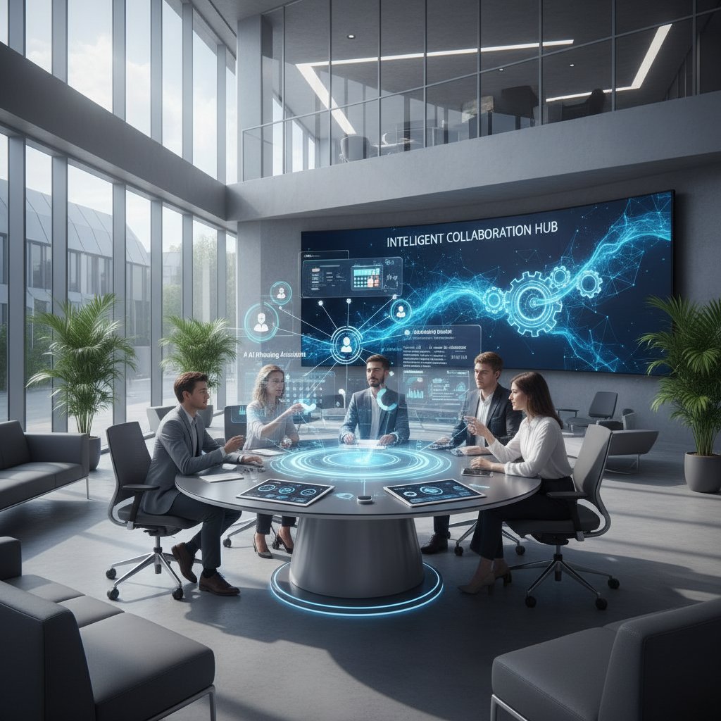 Nowoczesne biuro z zespołem korzystającym z AI do planowania spotkań