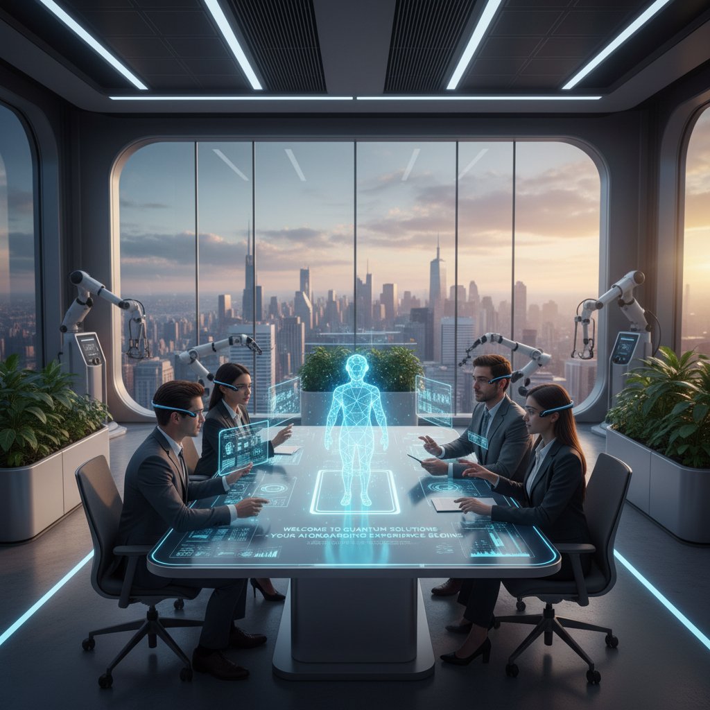 Nowoczesne biuro, zespół korzystający z AI podczas onboardingu, przyszłość pracy