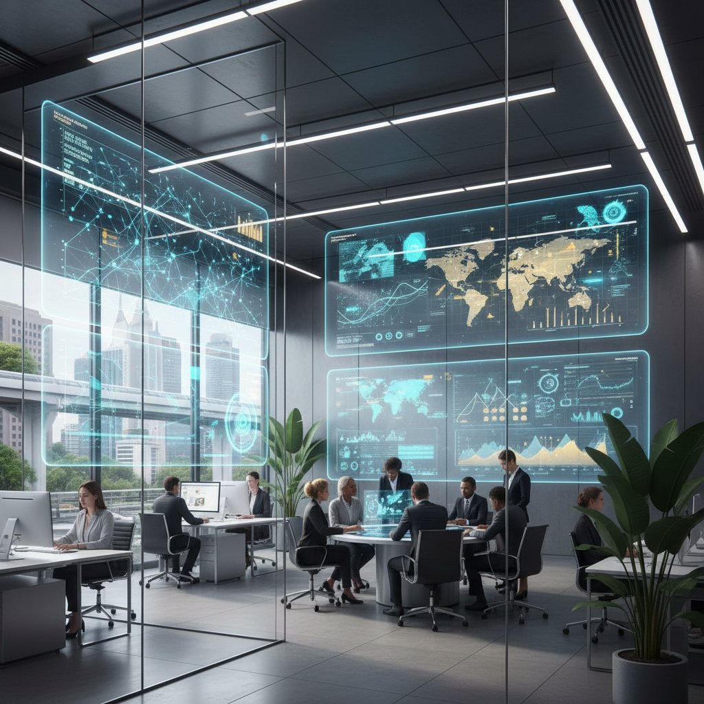 Nowoczesne biuro z panelami AI, osoby analizujące trendy przyszłości sztucznej inteligencji