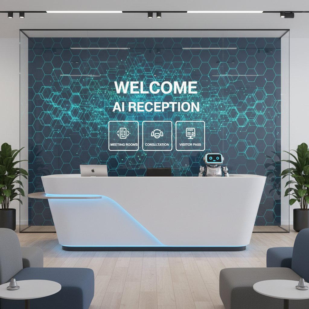 Nowoczesne biuro z recepcją opartą na AI i cyfrowym panelem rezerwacji