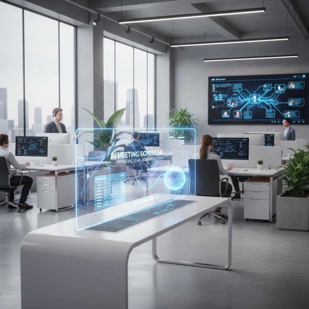 Nowoczesne biuro z widocznym ekranem, na którym AI samo zarządza spotkaniami
