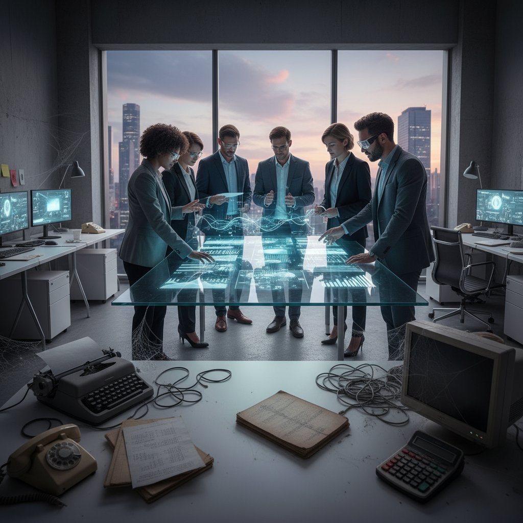 Nowoczesne biuro, w którym AI wspiera pracę zespołu, a tradycyjne narzędzia są porzucone