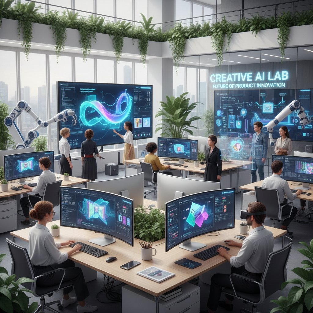 Nowoczesne biuro, zespół korzysta z technologii AI do kreatywnej pracy nad innowacyjnymi produktami