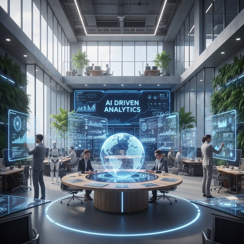 Nowoczesne biuro analizujące raporty ROI z wdrożenia AI