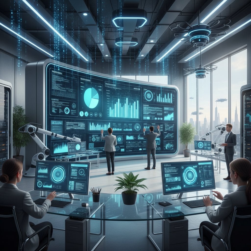 Nowoczesny biurowiec, w tle ekran z danymi i robotyzacją procesów