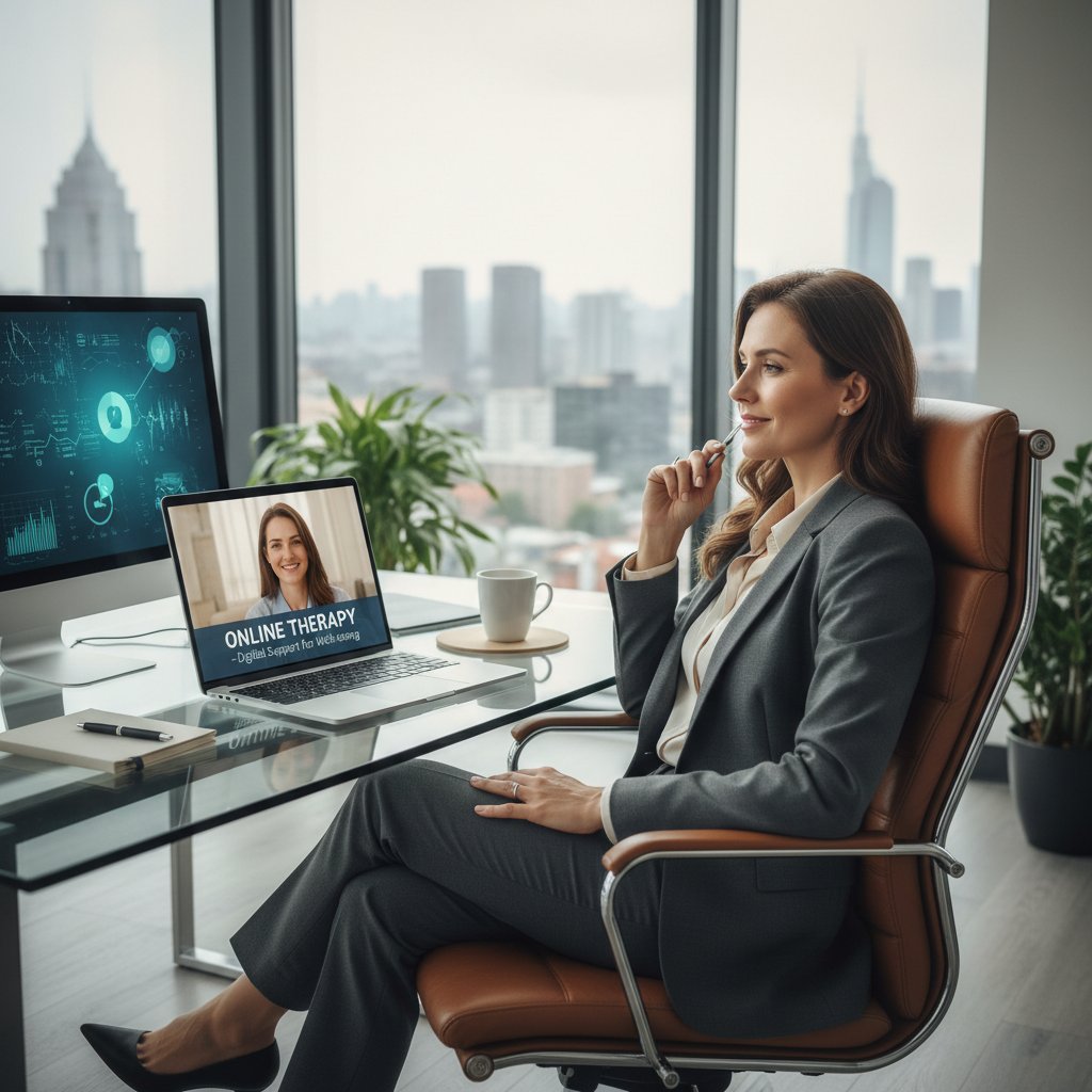 Nowoczesne wnętrze biura z menedżerem korzystającym z konsultacji online na laptopie, co symbolizuje rozwój cyfrowej psychoterapii