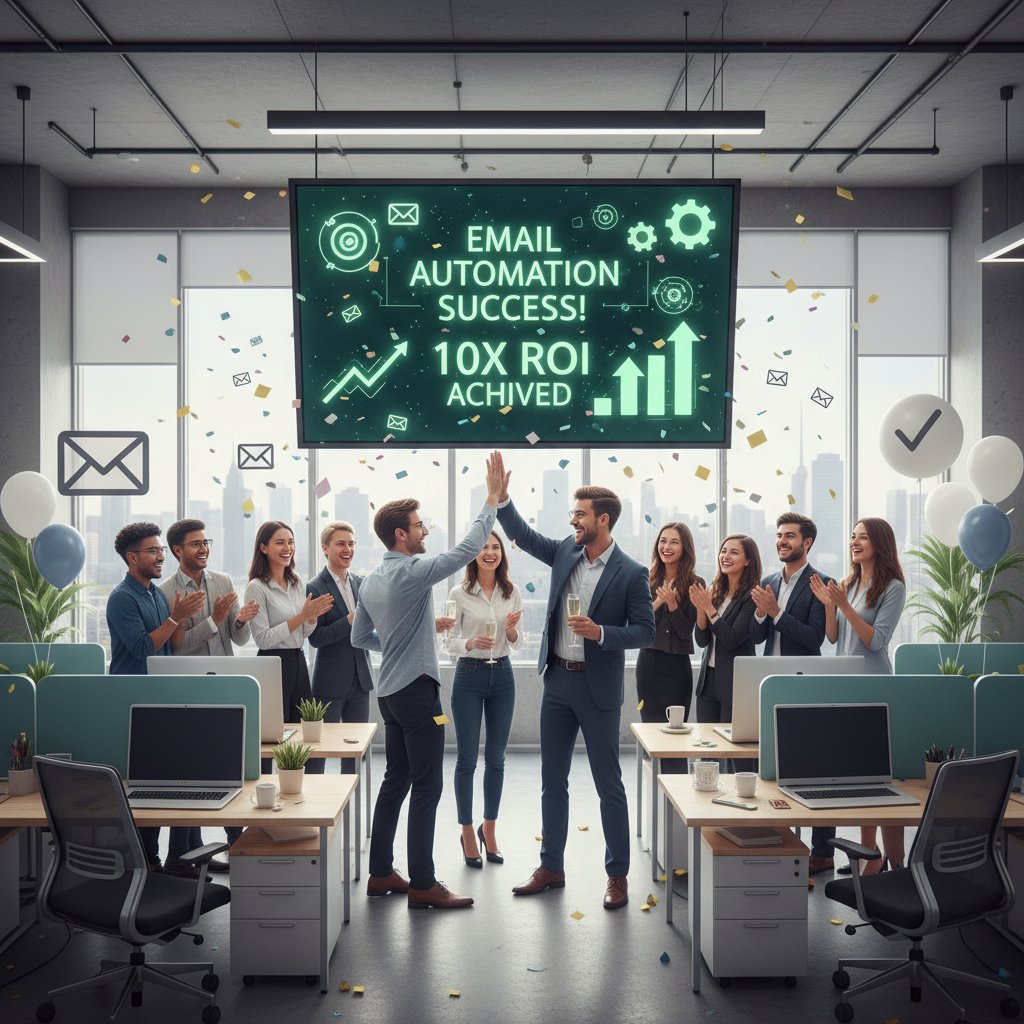 Nowoczesne biuro z zespołem świętującym udane wdrożenie systemu automatycznych odpowiedzi email