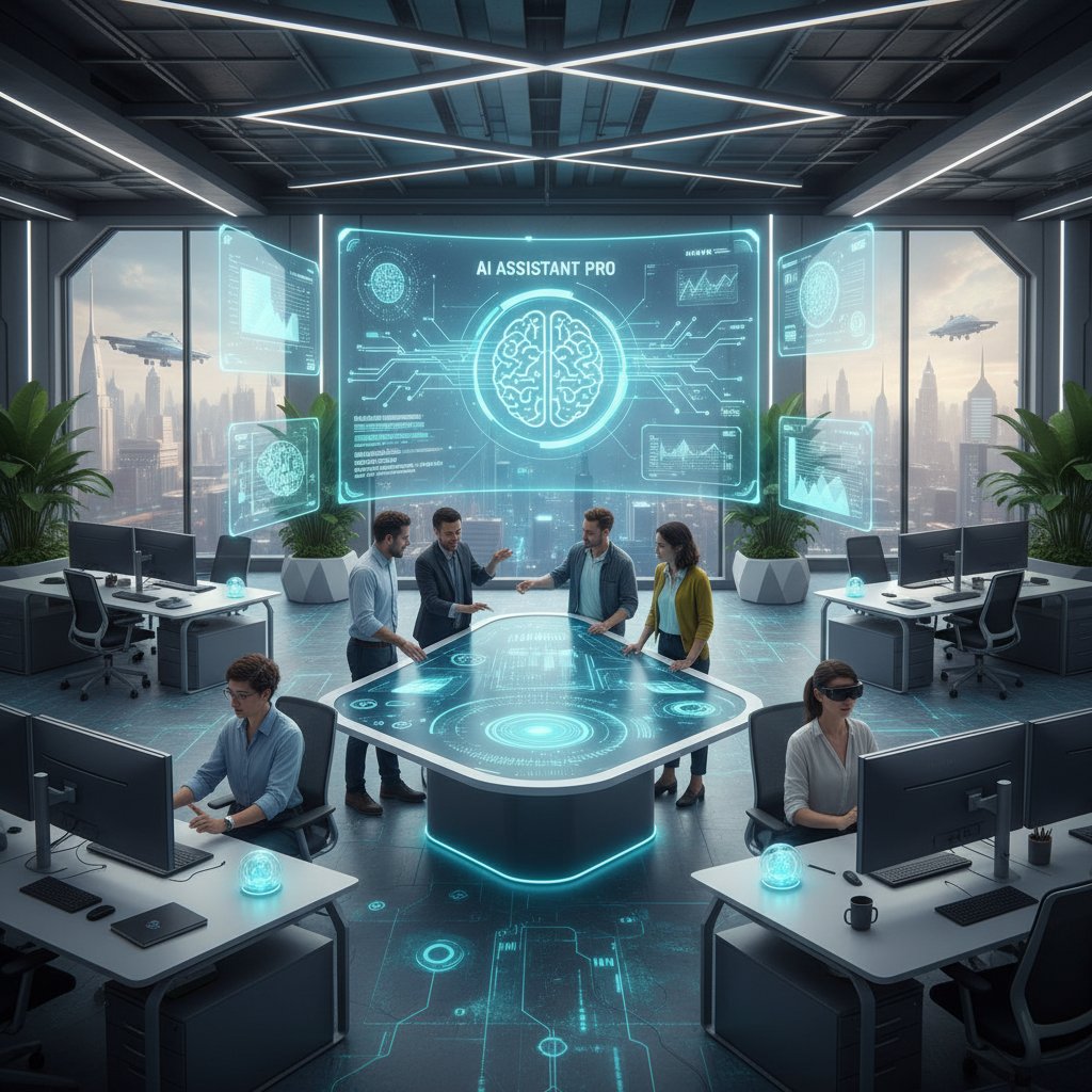 Nowoczesne biuro, gdzie pracownicy korzystają z laptopów i współpracują z AI na ekranie