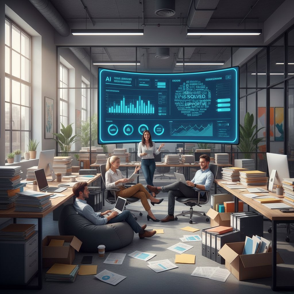 Nowoczesne biuro z podziałem na papierowe reklamacje i cyfrowe systemy AI, symbolizujące transformację zarządzania reklamacjami