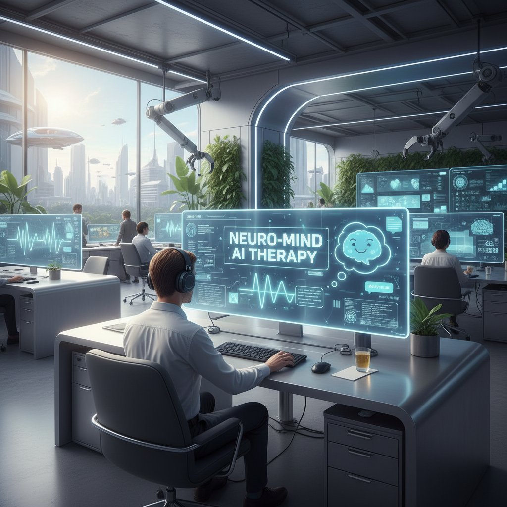 Nowoczesne biuro z komputerami, na ekranie aplikacja AI do terapii – przyszłość wsparcia psychicznego