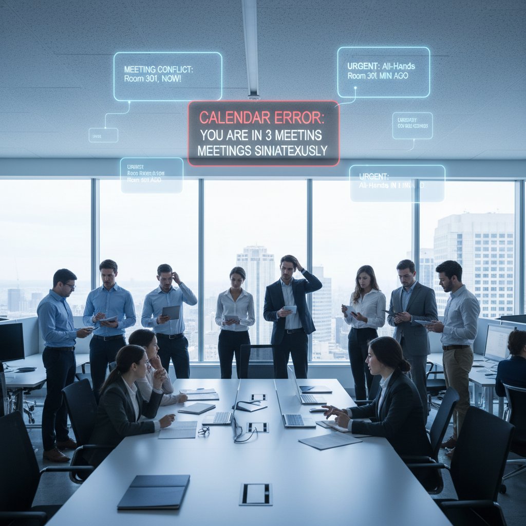 Nowoczesne biuro z ludźmi patrzącymi zdezorientowanie na monitory z wieloma powiadomieniami spotkań