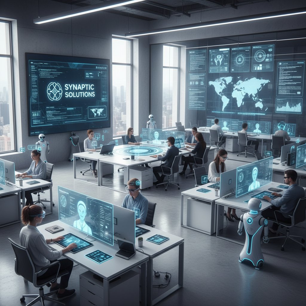 A modern office flooded with conversational agent technology, with AI assistants subtly operating across screens and devices