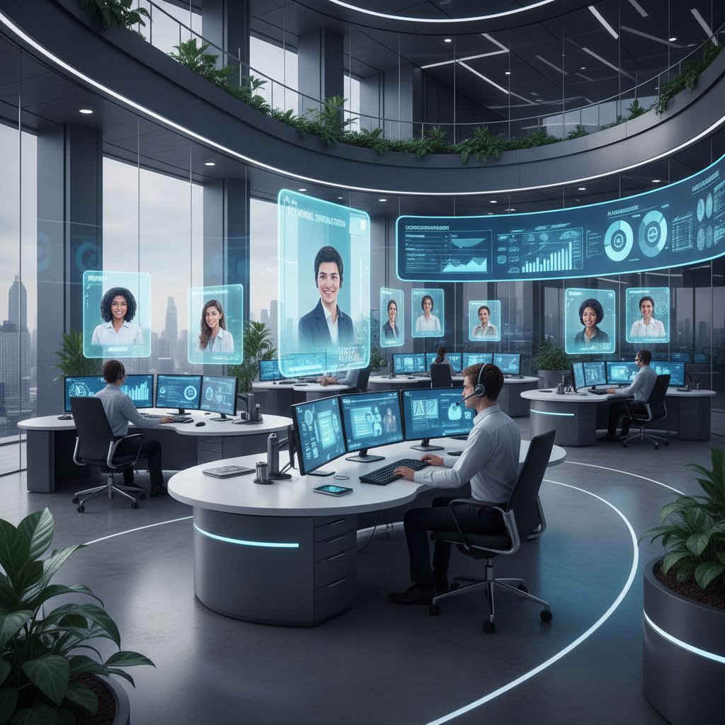 Nowoczesne biuro obsługi klienta z pracownikami korzystającymi z ekranów i AI