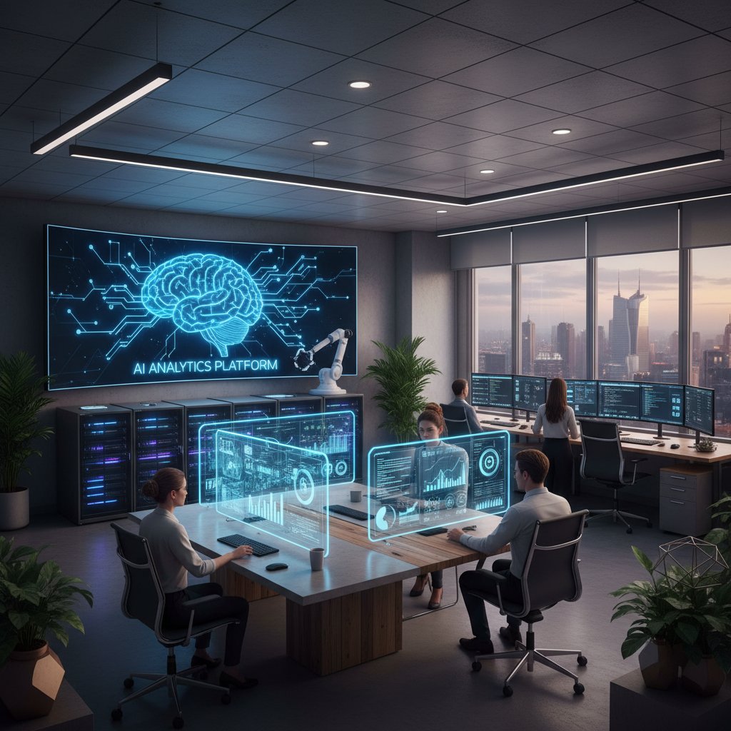 Nowoczesne biuro, zespół analizujący dane na dużych ekranach, narzędzia analityczne AI w użyciu
