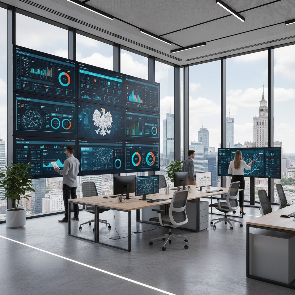 Nowoczesne biuro w Polsce z widocznymi wynikami case study na ekranach