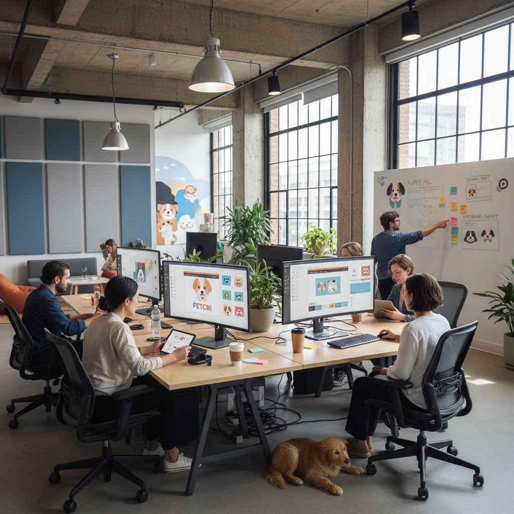 Nowoczesne biuro, gdzie projektanci pracują nad aplikacją do opieki nad psem