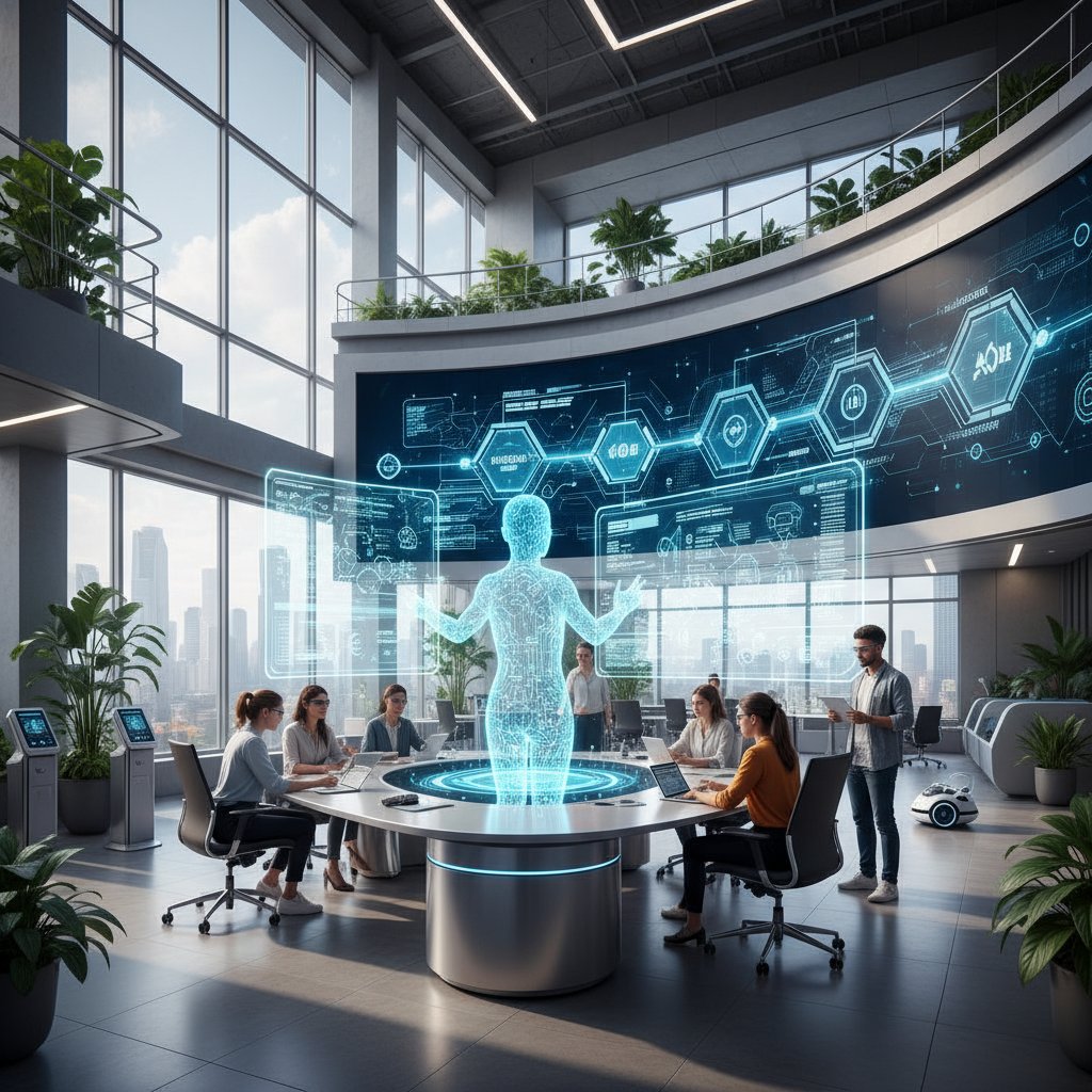 Nowoczesne biuro z monitorem wyświetlającym cyfrowego asystenta AI, symbol rewolucji w pracy