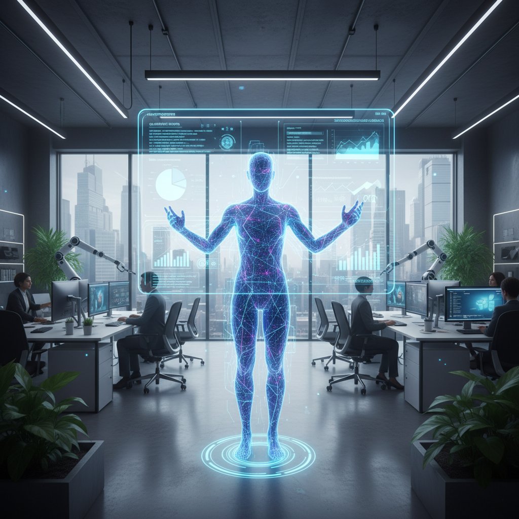 Nowoczesne biuro z dokumentami i komputerem, cyfrowy avatar obok ekranu z automatycznymi raportami