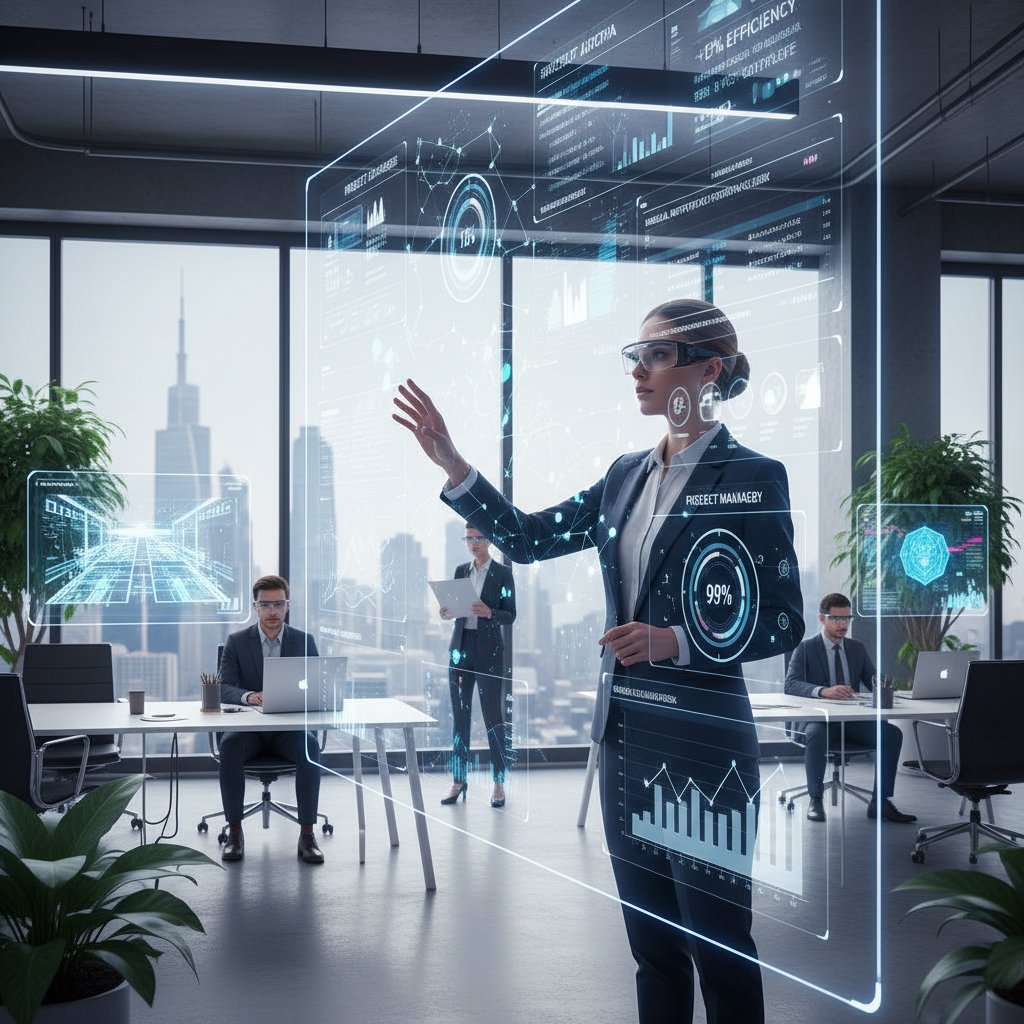 Nowoczesne biuro z dużym ekranem, na którym wyświetlany jest cyfrowy menadżer i dane projektowe – symbol przyszłości pracy