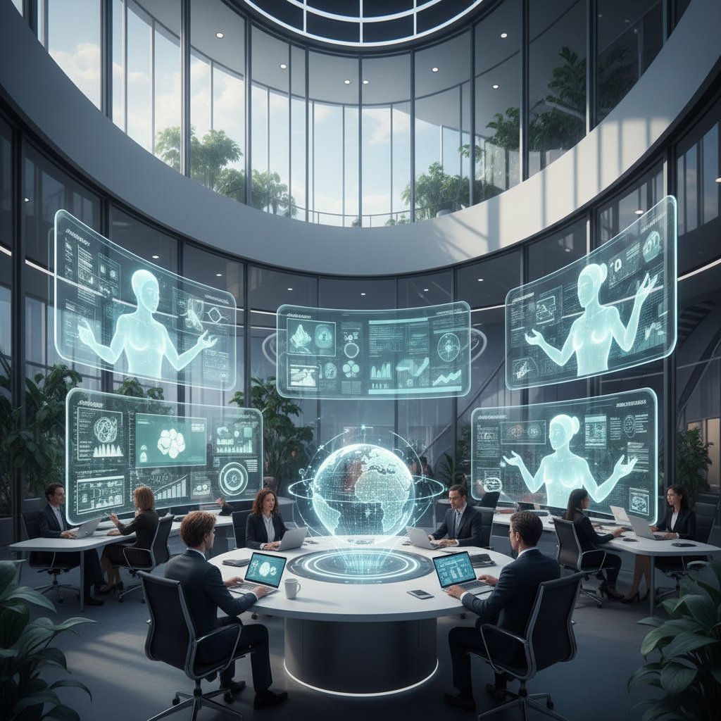 Nowoczesne biuro z AI i ludźmi pracującymi nad organizacją wydarzenia, ekrany cyfrowe, atmosfera współpracy