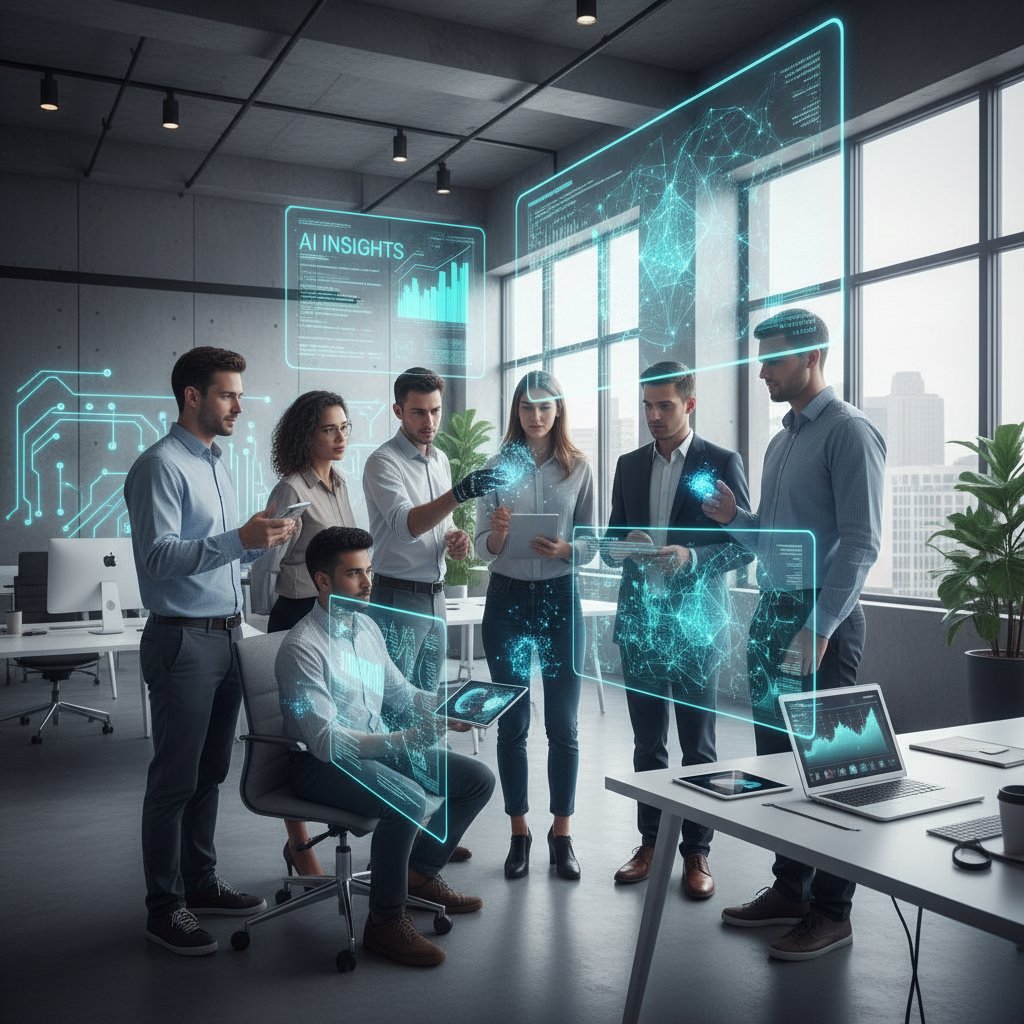 Nowoczesne biuro z zespołem analizującym dane cyfrowe i AI na dużych ekranach