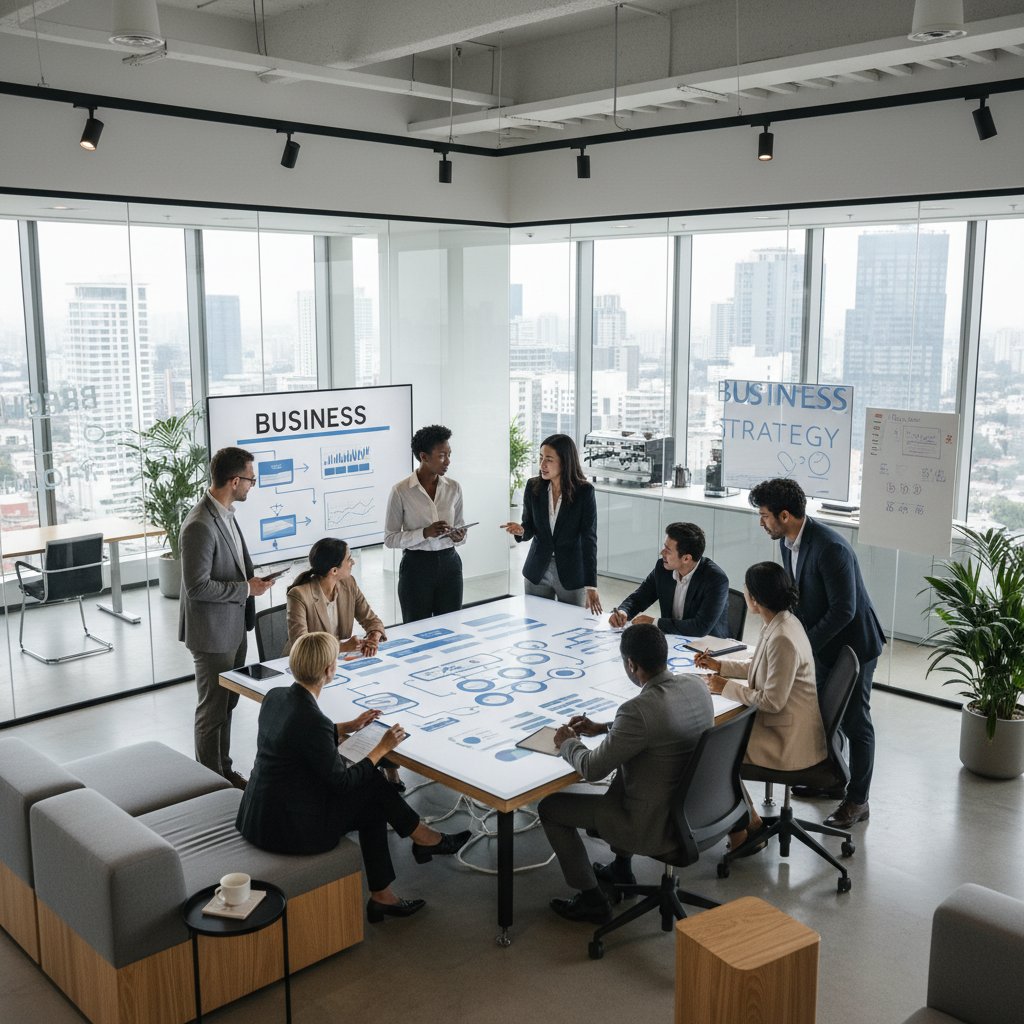 Nowoczesne biuro z zespołem omawiającym strategię zarządzania talentami