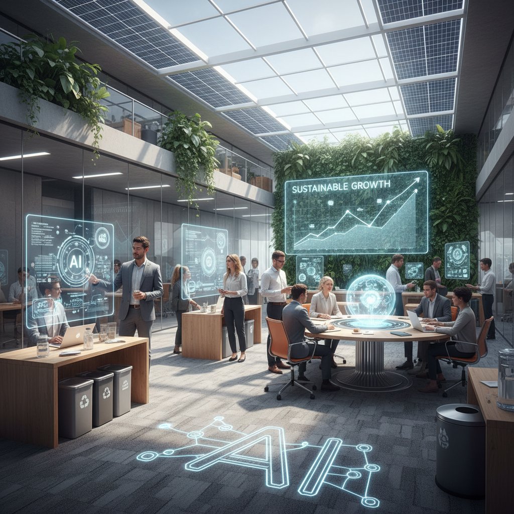 Nowoczesna przestrzeń biurowa z pracownikami i AI – trend przyszłości automatyzacji, zrównoważony rozwój