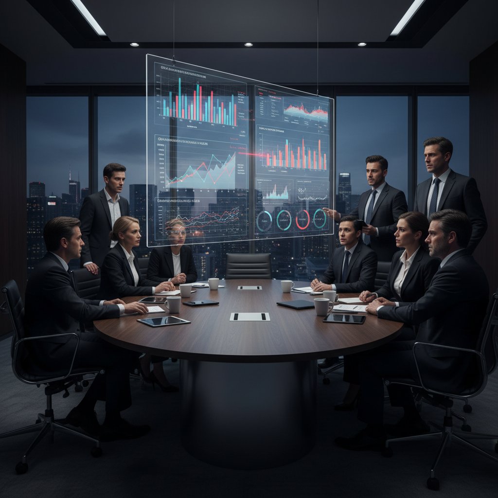 Zarząd analizujący wyniki symulacji w nowoczesnym biurze