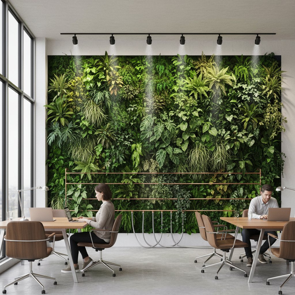 Nowoczesne miejskie biuro z zieloną ścianą i systemem automatycznego nawadniania
