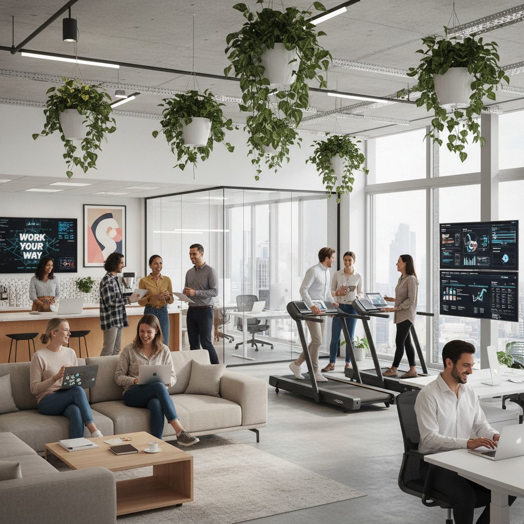 Nowoczesne biuro, designerska przestrzeń, grupa pracowników uśmiechniętych i zaangażowanych