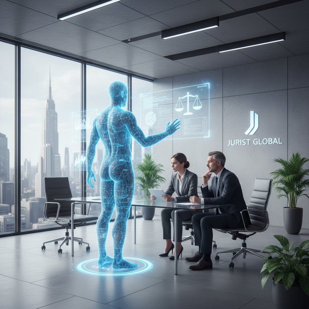 Nowoczesne biuro z holograficznym asystentem AI udzielającym porady prawnej klientowi