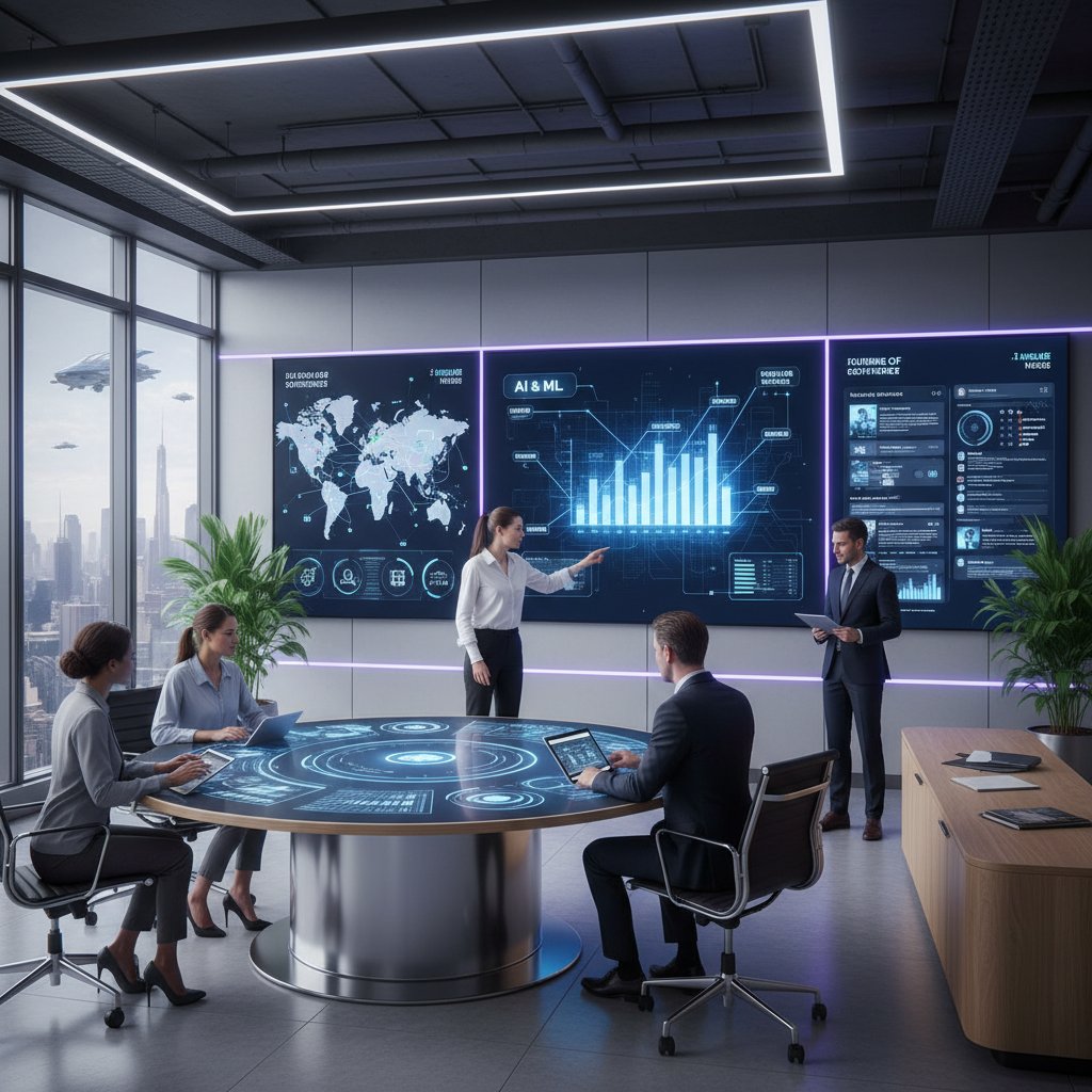 Nowoczesne biuro HR z dużym ekranem prezentującym trendy technologiczne AI