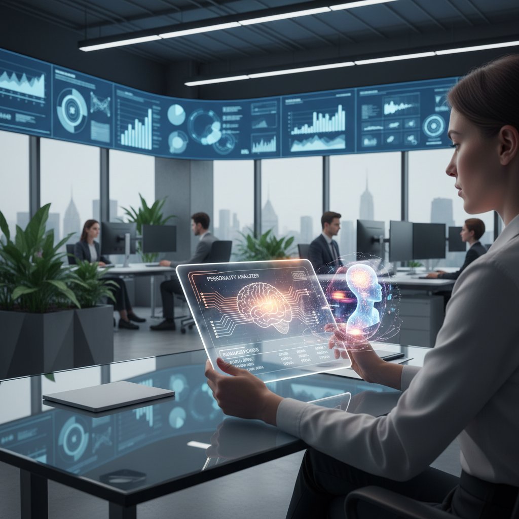 Nowoczesne biuro, rekruter korzystający z tabletu i AI do analizy osobowości kandydatów