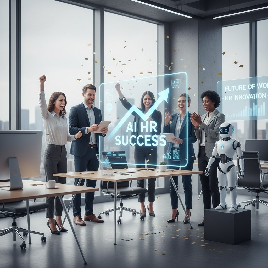 Nowoczesne biuro, zespół HR świętuje sukces wdrożenia AI, atmosfera zwycięstwa