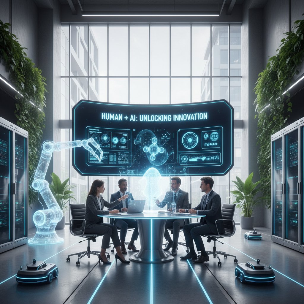 Nowoczesne biuro, człowiek i AI współpracują przy projekcie, atmosfera innowacji