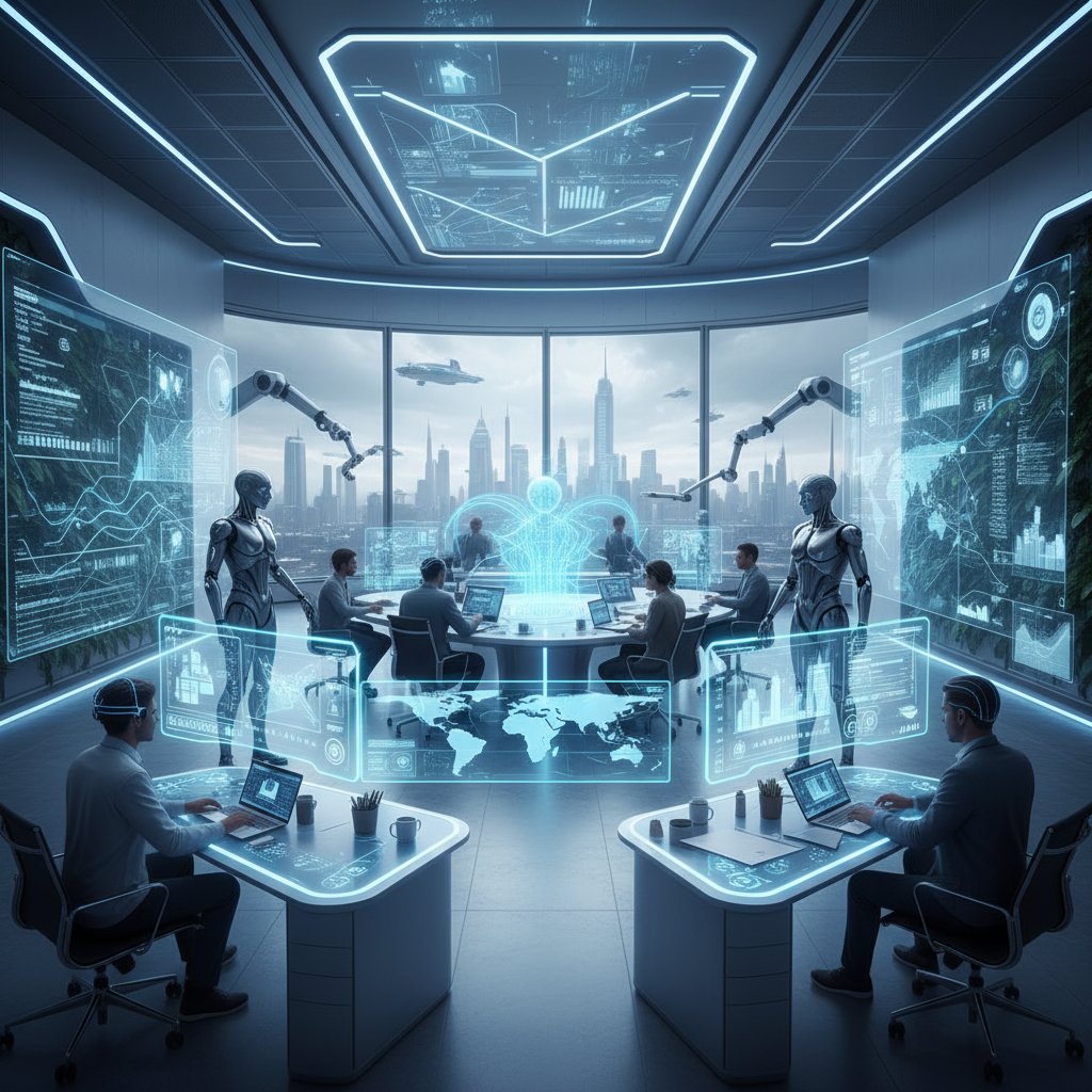 Nowoczesne biuro z integracją człowieka i AI: open space, ludzie przy komputerach, na monitorach aplikacje AI, atmosfera współpracy