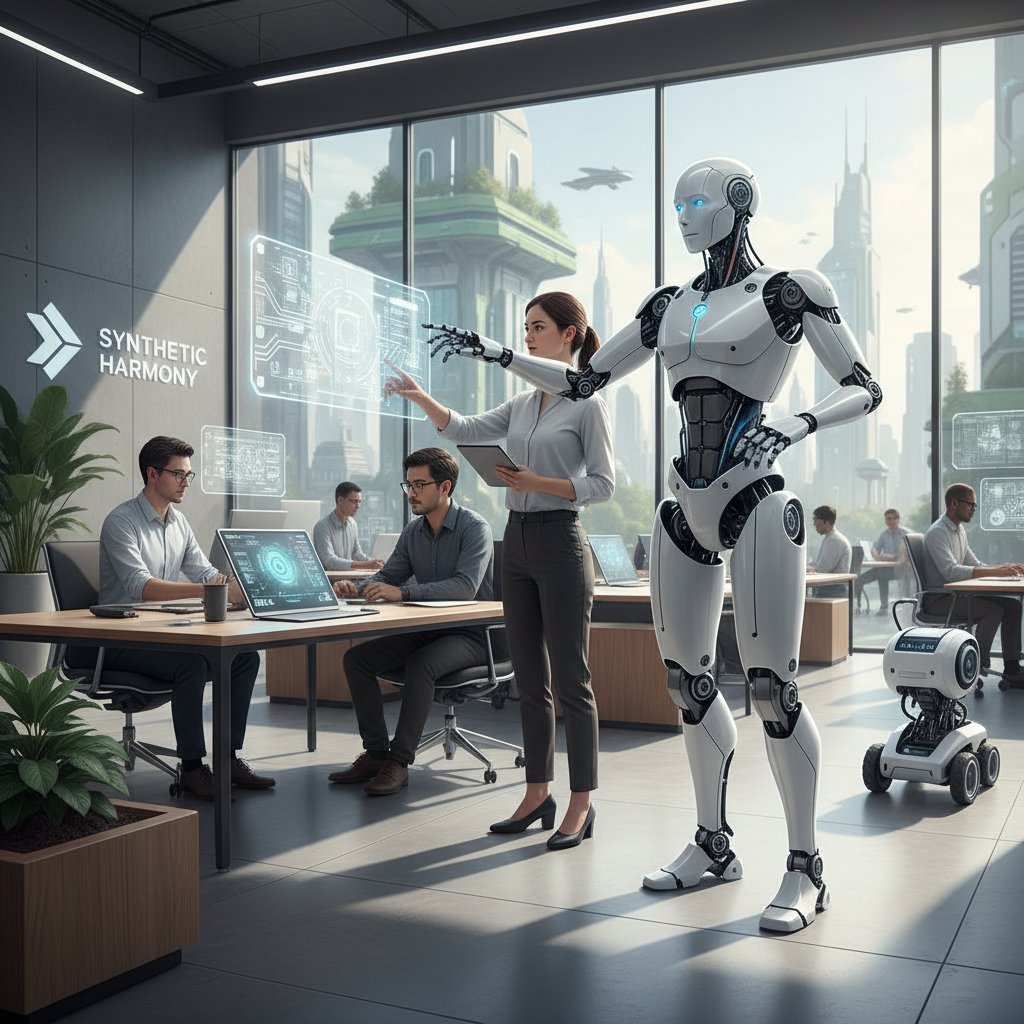 Nowoczesne biuro, człowiek pracuje ramię w ramię z humanoidalnym robotem, kooperacja człowiek-maszyna