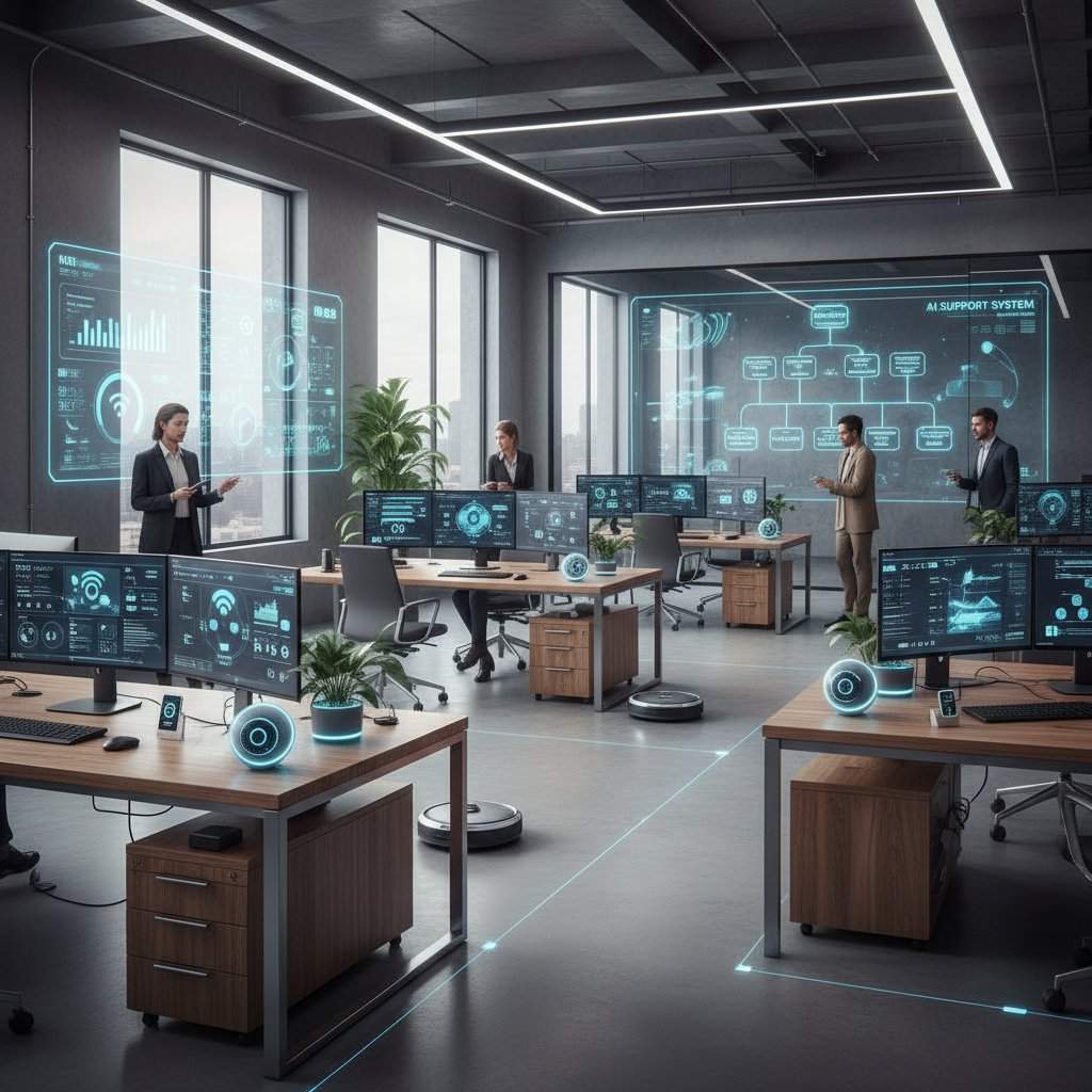 Nowoczesne biuro z zespołem pracującym na urządzeniach IoT wspieranych przez AI