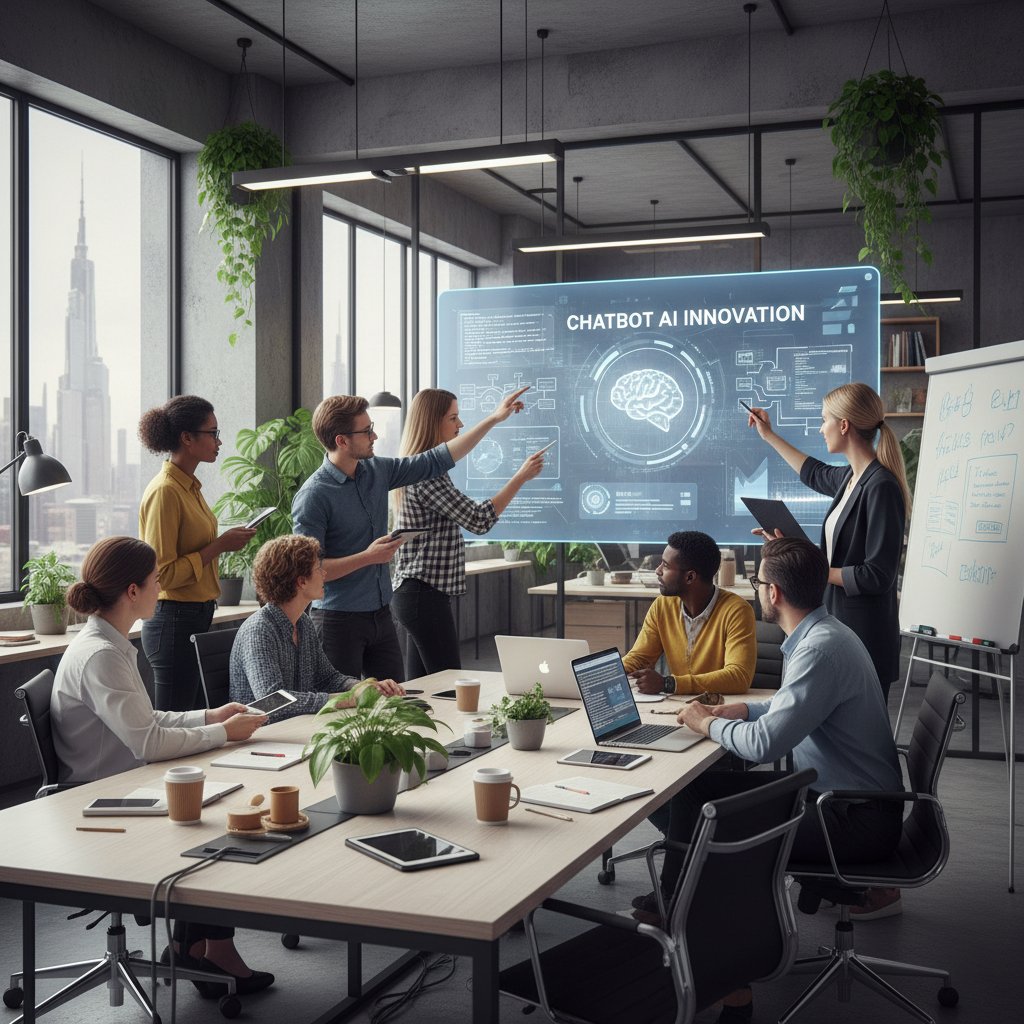 Nowoczesne biuro, zespół IT analizujący interakcje chatbota AI na dużym ekranie, Polska, innowacja.