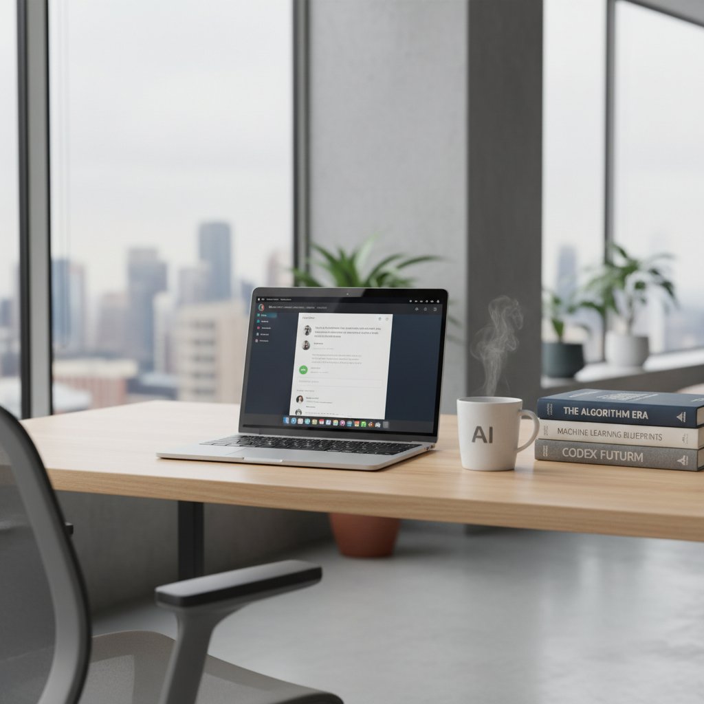 Nowoczesne biuro z laptopem i interfejsem chatgpt na ekranie, polski kubek z kawą i książki