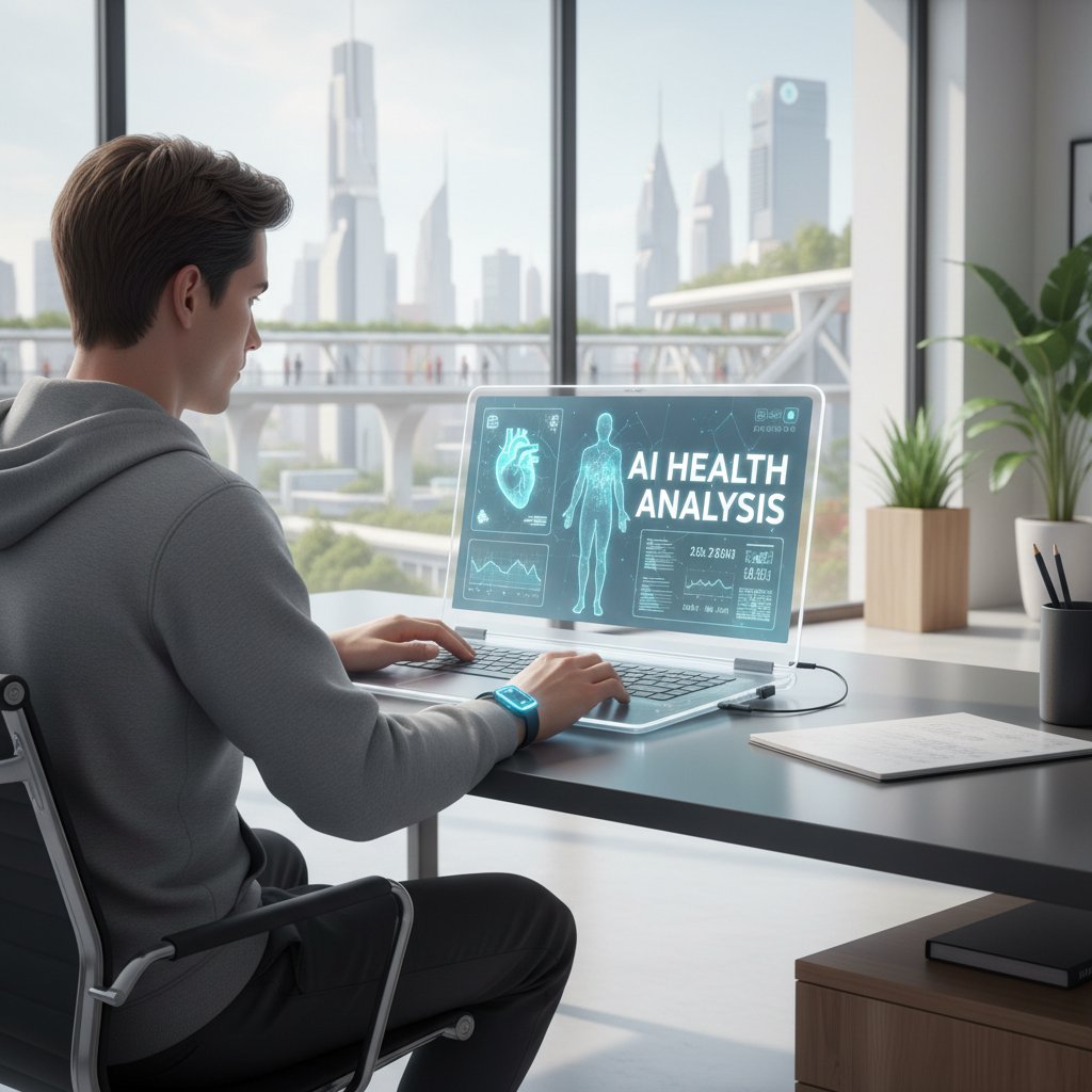 Nowoczesne biuro, osoba korzystająca z laptopa – analiza objawów przez AI
