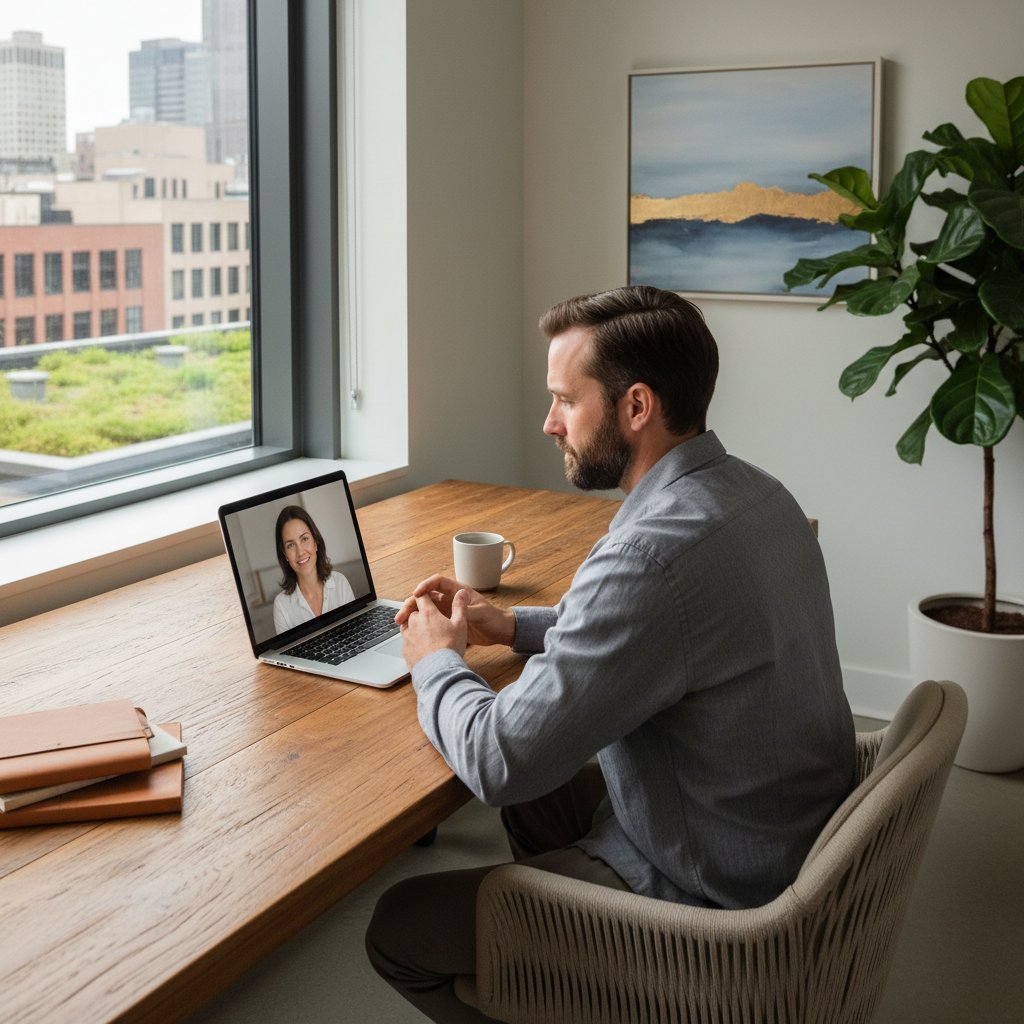 Przedsiębiorca podczas sesji online z terapeutą, nowoczesne biuro, komputer