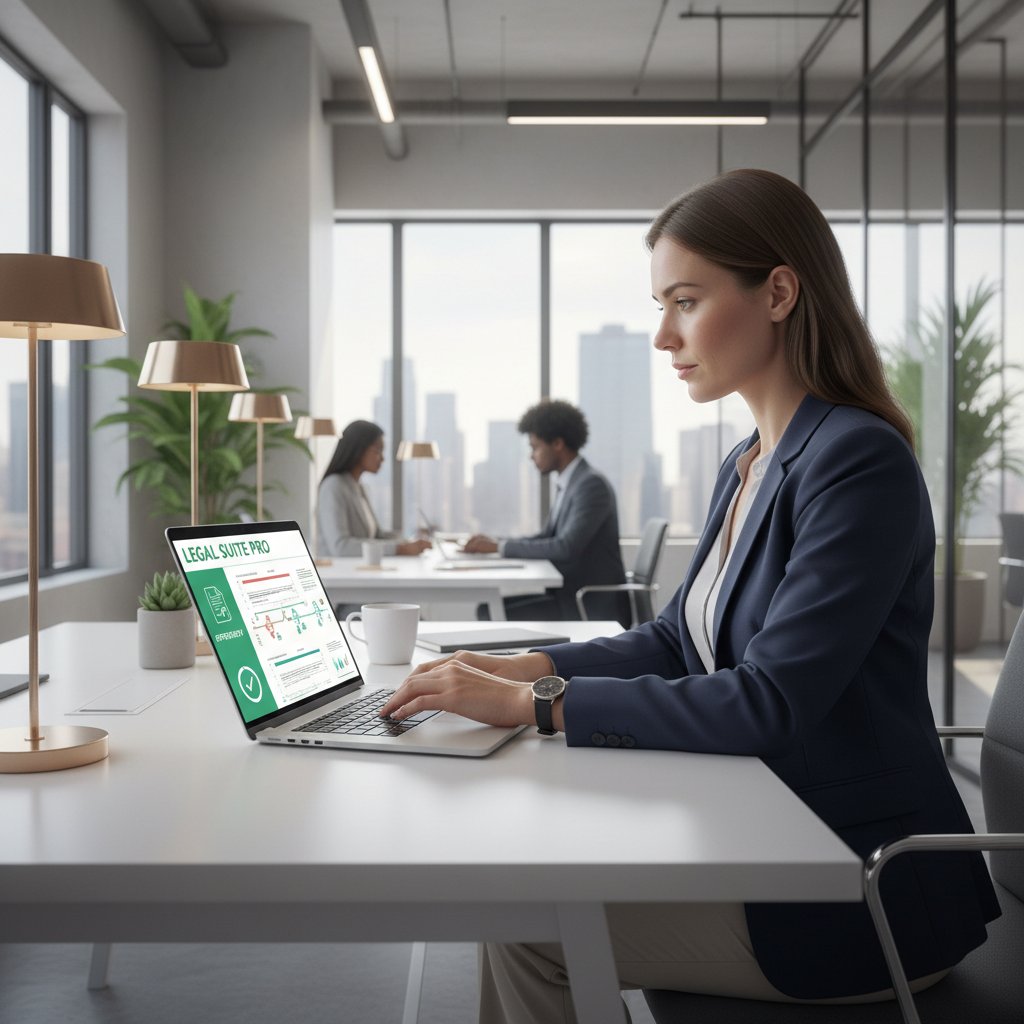 Nowoczesne biuro, ekran z aplikacją prawną, kobieta korzysta z laptopa, atmosfera efektywności