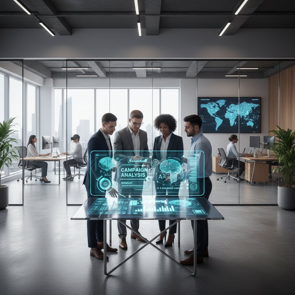 Nowoczesne biuro, gdzie marketerzy korzystają z AI do analizy kampanii sprzedażowej