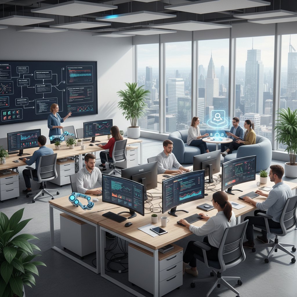 Nowoczesny biurowy open space ze stanowiskami komputerowymi, na monitorach widoczne narzędzia AI, ludzie analizujący dane, automatyzacja w praktyce polskich blogów