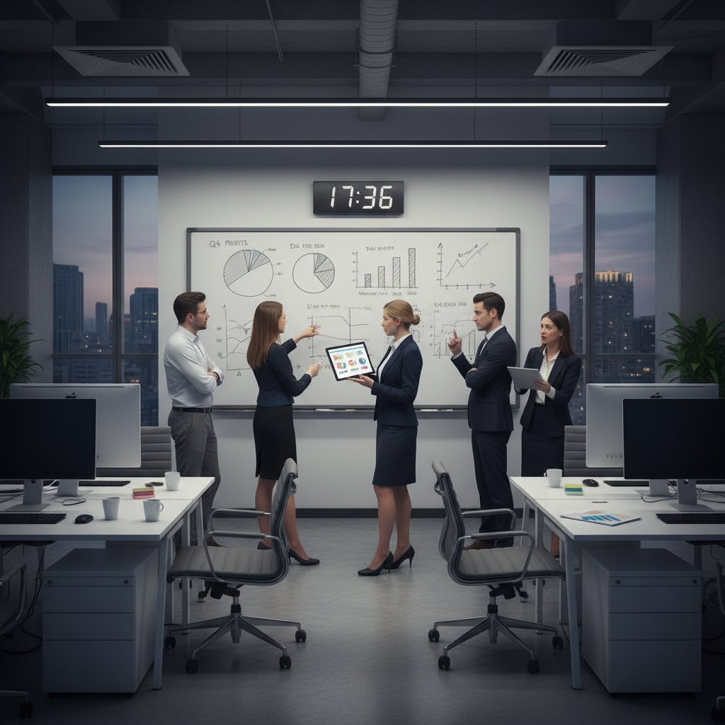 Biuro z przestarzałymi wykresami i zdezorientowanym zespołem – stagnacja w analizie danych